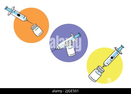 Jeu de trois seringues isolées de vaccin avec flacons de vaccin. Ensemble d'icônes de la campagne de vaccination internationale Covid-19. Icônes d'équipement médical. Illustration de Vecteur