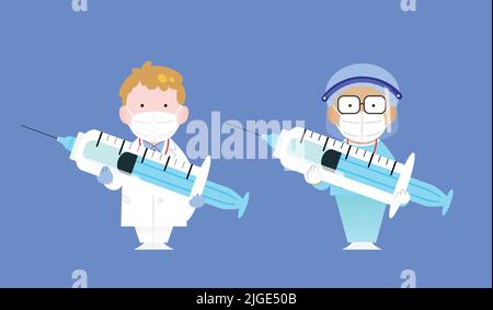 Traitement contre le coronavirus. Illustration vectorielle plate avec caractères isolés. Deux médecins portant FFP2 masques et tenant une seringue. Illustration de Vecteur