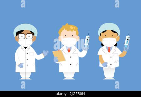 Ensemble de trois illustrations vectorielles plates de différents médecins, hommes et femmes, portant un masque de protection FFP2 et tenant une seringue de vaccin. Illustration de Vecteur