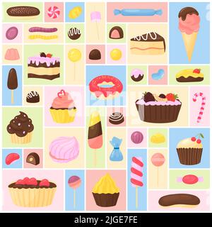 Illustration vectorielle de l'ensemble desserts sucrés. Collection de confiseries et de pâtisseries avec délicieux gâteau muffin cupcake gelée de bonbons beignet lolipop crème glacée eclair sur fond géométrique de collage Illustration de Vecteur