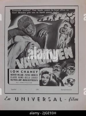 La couverture du livre de presse suédois de 1943 pour LON CHANEY Jr. EVELYN ANKERS et BELA LUGOSI dans LE WOLF MAN 1941 réalisateur GEORGE WAGGNER scénario original Curt Siodmak maquilleur artiste Jack P. Pierce Universal Pictures Banque D'Images