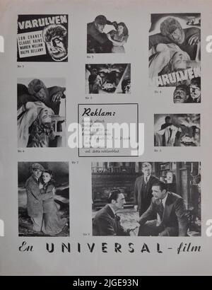 Inside page from Swedish Pressbook from 1943 for LON CHANEY Jr. EVELYN ANKERS CLAUDE RINS WARREN WILLIAM PATRIC KNOWLES et BELA LUGOSI in THE WOLF MAN 1941 réalisateur GEORGE WAGGNER scénario original Curt Siodmak maquilleur artiste Jack P. Pierce Universal Pictures Banque D'Images