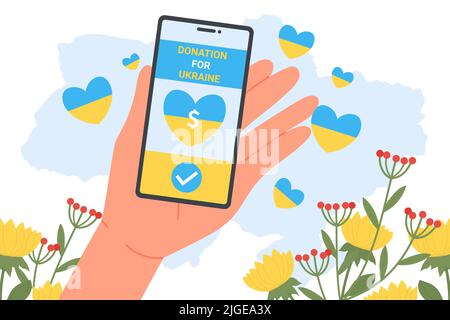 Les volontaires tiennent le téléphone avec l'application mobile de don. Personne tenant un smartphone pour donner de l'argent pour l'armée et les citoyens de l'Ukraine illustration vectorielle plate. Soutien, solidarité avec l'Ukraine concept Illustration de Vecteur
