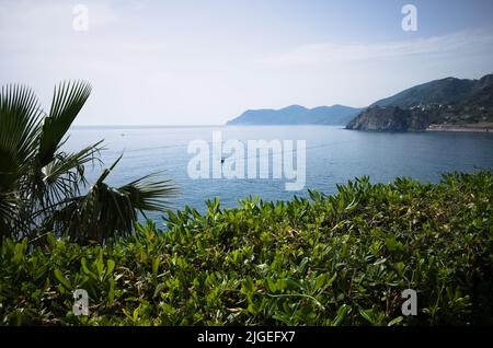 Vue panoramique sur la côte méditerranéenne et la côte Ligurienne dans le parc national des Cinque Terre, Ligurie, Italie. Paysage marin de la Riviera italienne près de Manarola Banque D'Images