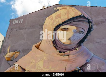 Resistencia - fresque murale de l'artiste chilien Inti représentant une femme dans des vêtements traditionnels, district de Kadiköy à Istanbul, Turquie Banque D'Images