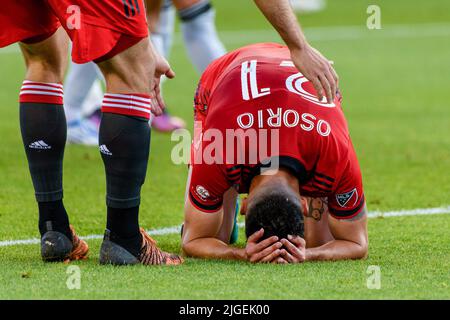 Toronto, Canada. 09th juillet 2022. Jonathan Osorio (21) a été blessé pendant le match de MLS entre le FC de Toronto et les tremblements de terre de San Jose à BMO Field. Le jeu s'est terminé en 2-2. Crédit : SOPA Images Limited/Alamy Live News Banque D'Images