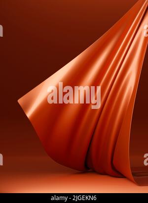 Podium orange foncé avec toile volante ambre, fond en tissu Banque D'Images