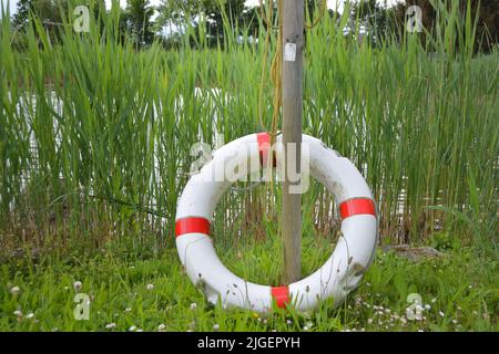 Anneau de sauvetage situé à côté d'un lac par une journée ensoleillée Banque D'Images