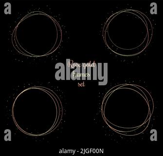 Ensemble de cadres circulaires en or rose dessinés à la main, isolés sur du noir. Éléments décoratifs métalliques avec des étincelles. Illustration de Vecteur