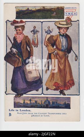 'La vie à Londres. Mary Ann du pays transformée en Marion dans la ville. Carte postale du début du 20th siècle publiée par l'American Young Men's Christian Association (YWCA). Il montre des images contrastées d'une femme de classe ouvrière quittant le pays (avec ses bagages) et mettant sur des « airs et des grâces » dans la grande ville. Les vues sur un village rural et les gratte-ciel de Londres se trouvent en haut et en bas de la carte Banque D'Images