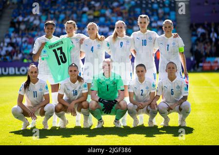 Manchester, Royaume-Uni. 10th juillet 2022. Manchester, Angleterre, 10 juillet 2022: Les joueurs de l'Islande font la queue pour une photo d'équipe lors du match de football du groupe D Euro 2022 des femmes de l'UEFA entre la Belgique et l'Islande au stade de l'Académie de la ville de Manchester, à Manchester, en Angleterre. (Liam Asman /Womens football Magazine /SPP) Credit: SPP Sport Press photo. /Alamy Live News Banque D'Images