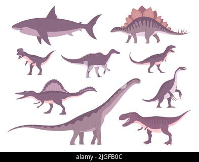 Ensemble de dinosaures carnivores et herbivores anciens. Sauropode, tyrannosaurus rex, megalodon et spinosaurus. Lézard éteint de la période jurassique. P Illustration de Vecteur