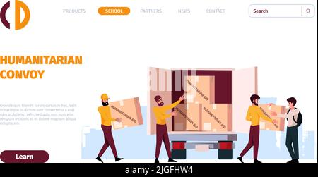 Atterrissage du don. Image de page Internet avec les pauvres bénévoles aidant à garair le modèle de page de vecteur avec place pour le texte Illustration de Vecteur