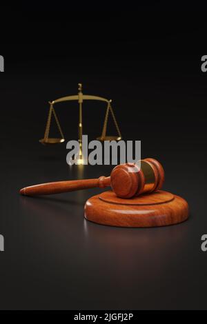Balance en bois et balance sur fond sombre. Concept de justice. Banque D'Images