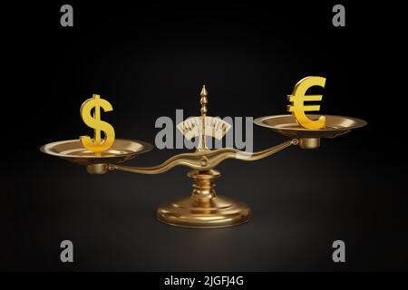 Équilibrer les balances avec les signes dollar et euro sur leurs plaques. 3d illustration. Banque D'Images