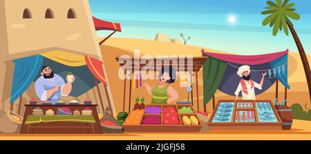 Marché asiatique. Vendeur de l'est avec de beaux tapis faits à la main de couleur trésors délicieux nourriture sucreries exact vecteur dessin animé arrière-plan Illustration de Vecteur