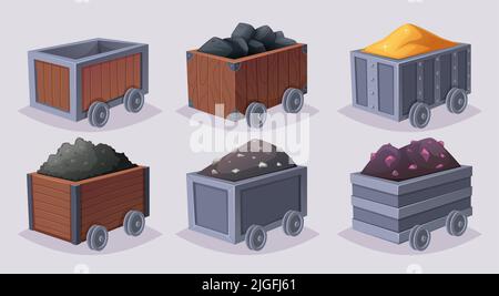 Chariots d'exploitation minière. Minéraux charbon or pierres précieuses diamants exact vecteur mine substance dans le style de dessin animé Illustration de Vecteur