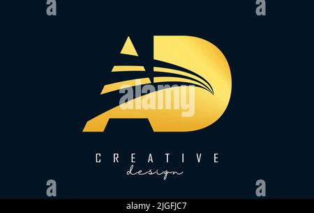Logo AD a d en lettres dorées créatives avec lignes de pointe et design de concept de route. Lettres à motif géométrique. Illustration vectorielle avec lettre et crea Illustration de Vecteur