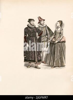 London Merchant, cavalier (1550-1600), Lady of Queen Elizabeth's court, Angleterre, 16th Century, Illustration, The History of Costume, Braun & Schneider, Munich, Allemagne, 1861-1880 Banque D'Images