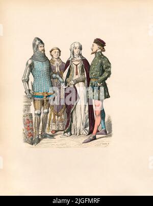 Chevalier (1365), noble (1330), noble (1350), marchand (1390), Angleterre, 14th Century, Illustration, The History of Costume, Braun & Schneider, Munich, Allemagne, 1861-1880 Banque D'Images