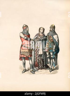 Chevaliers et noblewoman (1330-1370), Angleterre, 14th siècle, Illustration, l'Histoire du Costume, Braun & Schneider, Munich, Allemagne, 1861-1880 Banque D'Images