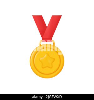Icône de médaille d'or avec rubans rouges. Illustration vectorielle dans un style 3D minimum Illustration de Vecteur