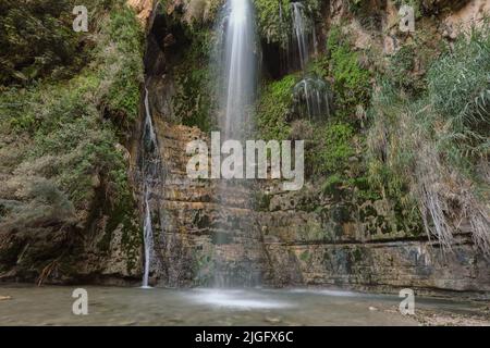 Cascade et piscine dans le désert. Cascade, Ein Gedi, Israël Banque D'Images