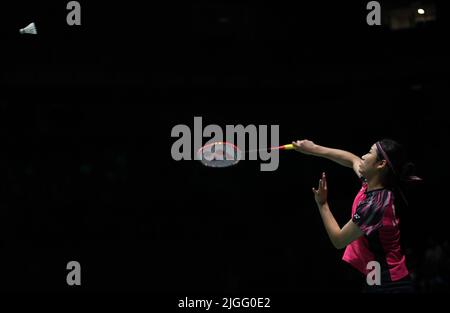 Kuala Lumpur, Malaisie. 10th juillet 2022. Un se Young de Corée est en compétition contre Chen Yu FEI de Chine lors du match de finale unique des femmes des Perodua Malaysia Masters 2022 à Axiata Arena, Bukit Jalil. An se Young a gagné avec scores; 21/21 : 17/5 crédit: SOPA Images Limited/Alay Live News Banque D'Images