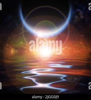 Réflexion des eaux et planètes. Rendu 3D Banque D'Images