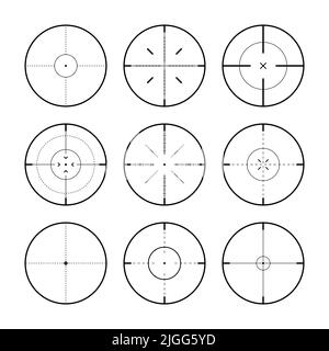 Divers points de vue de fusil de sniper, réticule d'oscilloscope optique d'arme. Viseur du canon de chasse. Symbole de marque de prise de vue, visez. Panneau de cible militaire. Interface de jeu Illustration de Vecteur