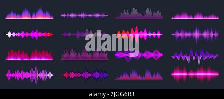 Collection d'ondes sonores colorées. Signal audio analogique et numérique. Égaliseur de musique. Enregistrement vocal d'interférence. Onde radio haute fréquence. Vecteur Illustration de Vecteur