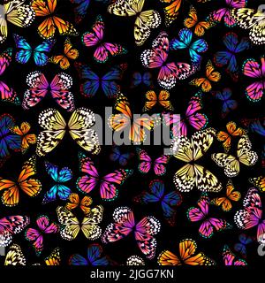 Motif coloré sans coutures papillons sur fond noir. Imprimé papillons dessinés à la main pour le papier peint, le tissu, la décoration intérieure Illustration de Vecteur