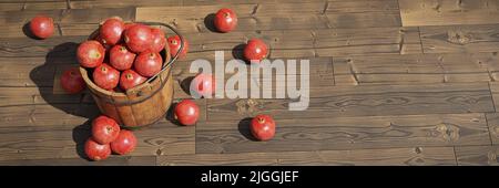 grenades, fruits juteux dans une caisse en bois sur une bannière en bois, rendu 3d Banque D'Images