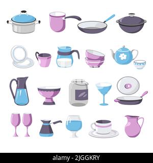 Ustensiles de cuisine tasses et assiettes, casseroles et casseroles Illustration de Vecteur