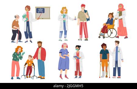 Les patients sur rendez-vous de médecin, de pédiatrie, de traumatologie ou de gynécologie les médecins communiquent avec les personnes blessées. Enfant sur des béquilles, vieil homme mal des articulations de la hanche, femme enceinte, Line art vecteur plat ensemble Illustration de Vecteur