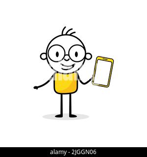 Homme d'affaires tient un téléphone portable dans sa main. Un homme qui a été dessiné à la main, isolé sur fond blanc. Illustration du stock vectoriel. Illustration de Vecteur