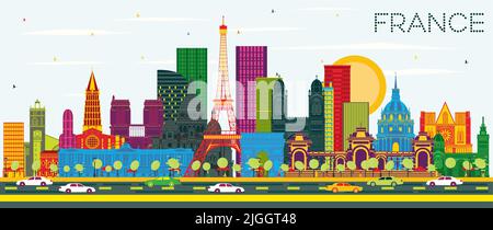 Bienvenue à France Skyline avec les bâtiments couleur et Blue Sky. Illustration vectorielle. Concept de tourisme avec architecture historique. France CityScape. Illustration de Vecteur