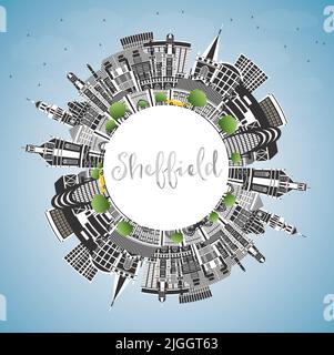 Sheffield UK City Skyline avec bâtiments couleur, ciel bleu et espace de copie. Illustration vectorielle. Ville de Sheffield dans le Yorkshire du Sud avec sites touristiques. Illustration de Vecteur