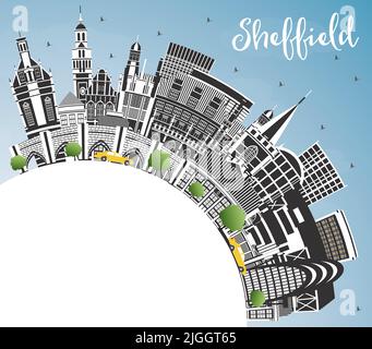 Sheffield UK City Skyline avec bâtiments couleur, ciel bleu et espace de copie. Illustration vectorielle. Ville de Sheffield dans le Yorkshire du Sud avec sites touristiques. Illustration de Vecteur