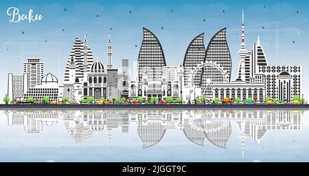 Baku Azerbaidjan City Skyline avec des bâtiments de couleur, ciel bleu et réflexions. Illustration vectorielle. Bakou Cityscape avec des monuments. Illustration de Vecteur