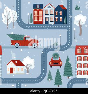 Jolie ville de Noël pour enfants avec maisons, voitures, arbres et lumières de rue.Illustration vectorielle de style scandinave plat Illustration de Vecteur