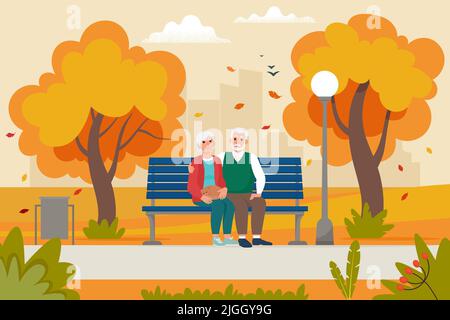 Un joli couple âgé assis sur le banc dans le parc à l'automne. Illustration vectorielle de style plat Illustration de Vecteur