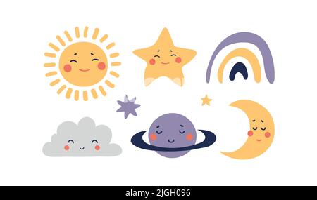 Un ensemble de personnages célestes d'espace pour une affiche d'enfants, un soleil souriant, une lune endormie, une planète avec un visage, un arc-en-ciel. Ensemble d'autocollants pour enfants, ve Illustration de Vecteur