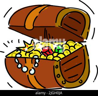Coffre au Trésor, dessiné à la main dans un style doodle. Pièces de monnaie anciennes, couronne et pierres précieuses. Ouvrir la poitrine. Trésor. Pirates. Vecteur de style plat. Convient pour les enfants Illustration de Vecteur