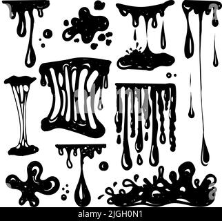 Un ensemble pour travailler avec des blobs. Éléments dessinés de style Doodle. Éclaboussures noires de chaux, de chaux qui s'étire, de chaux qui s'égoutte toxique. Éclaboussures et gouttelettes de chaux Illustration de Vecteur