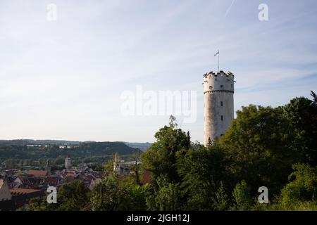 Vue sur la « Mehlsack » - site historique et la plus célèbre tour de Ravensburg, Allemagne Banque D'Images