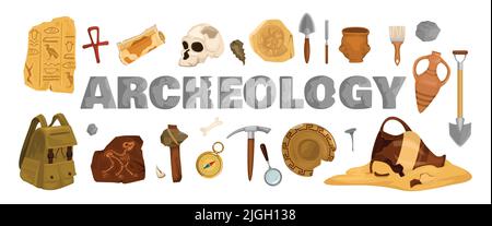 Archéologie ancienne composition d'objets avec des icônes isolées de pelles pinceaux avec sac à dos et des pièces de résultats illustration vectorielle Illustration de Vecteur