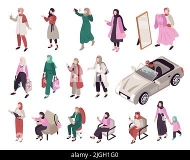 Femmes musulmanes ensemble isométrique de femmes modernes portant des vêtements décontractés à la mode et hijab illustration vectorielle isolée Illustration de Vecteur