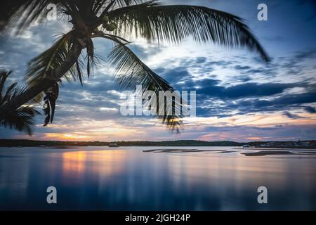 Longue exposition: Plage de Porto Seguro à l'aube avec palmiers, BAHIA Banque D'Images