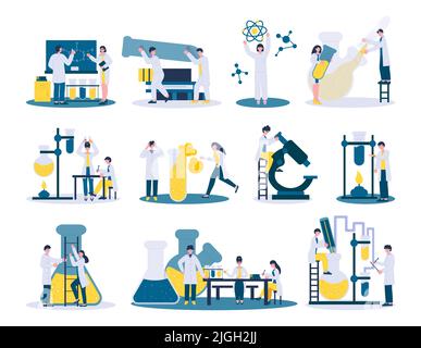 Kit de laboratoire scientifique avec des icônes plates personnages de scientifiques au travail avec des pièces d'équipement de laboratoire illustration vectorielle Illustration de Vecteur